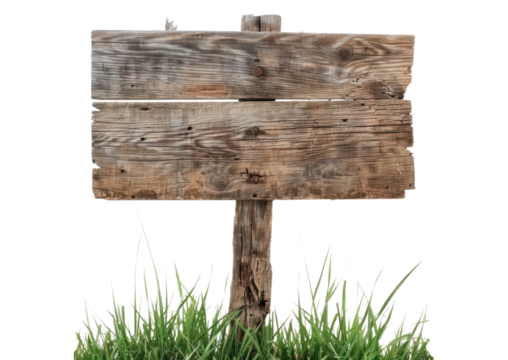 old wooden sign with grass for text copy space isolated on white or transparent png