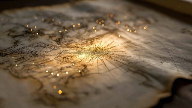 Ancient magical map glowing with golden light and sparkling pathways, evoking sense of mystery and adventure on textured parchment surface