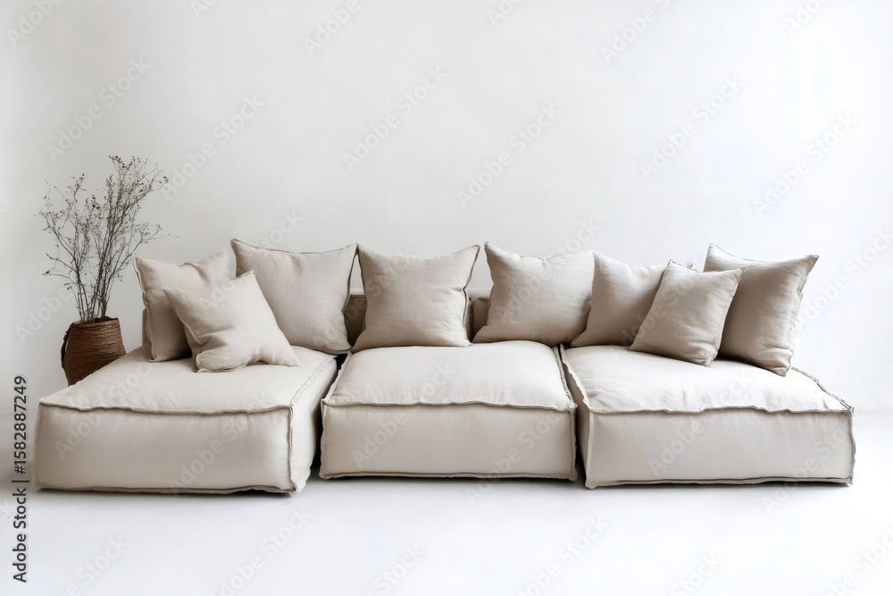 Aufkleber comfortable modular sofa with pillows in a neutral tone, creating a cozy and inviting atmosphere in 
