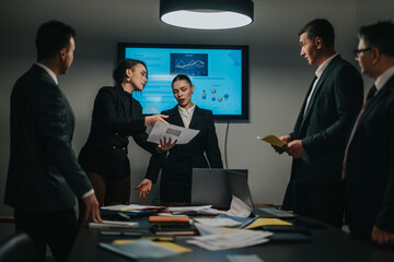 A group of professionals in formal attire collaborating during a business meeting. Charts and...