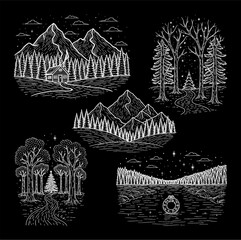 A collection of five monochrome, chalk-style illustrations depicting various serene winter landscapes, featuring snowy mountains, dense forests, cozy cabins