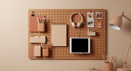 Organized workspace with pegboard, stationery, tablet, and headphones.