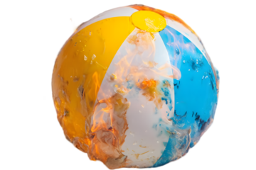 Colorful beach ball bursting into flames against a vibrant backdrop, capturing a dynamic summer moment