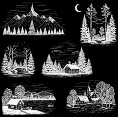 A collection of six monochrome, chalk-style illustrations depicting various serene winter and Christmas landscapes, featuring snowy mountains, pine forests with lights, cozy cabins, villages, and lake