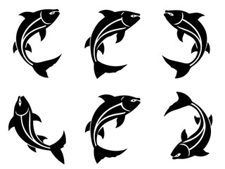 Stylized black salmon silhouettes in dynamic leaping poses