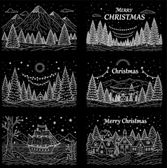 A collection of six monochrome, chalk-style illustrations depicting various festive winter and Christmas landscapes