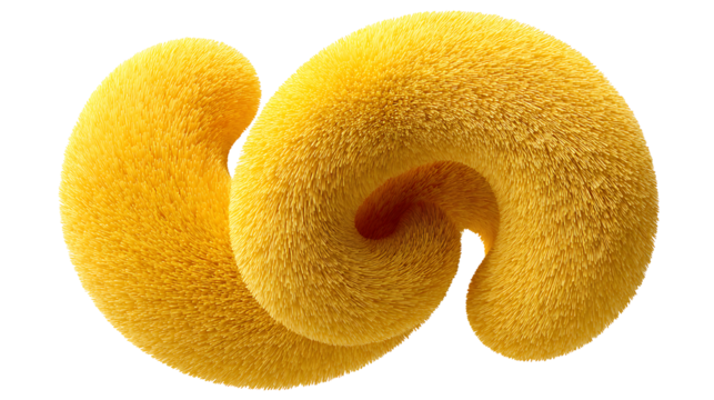 Yellow abstract fluffy spiral. 3d design element isolated on white background.