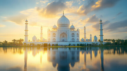 Fototapeta premium Taj Mahal's ethereal reflection shimmers in the water at sunset,