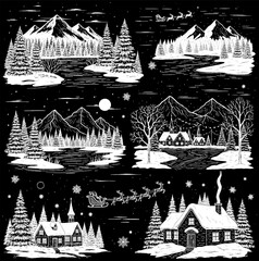A collection of six monochrome, chalk-style illustrations depicting various festive winter landscapes, featuring snowy mountains, pine forests, cozy cabins, villages