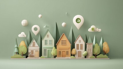 Paper art scene with a street of houses and floating icons: price tag, map pin, home value arrow — real estate app UI vibe