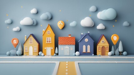 Paper art scene with a street of houses and floating icons: price tag, map pin, home value arrow — real estate app UI vibe