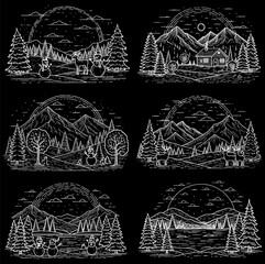 A collection of monochrome, chalk-style illustrations featuring both diverse happy women in festive Christmas and winter attire, and serene winter landscapes with mountains