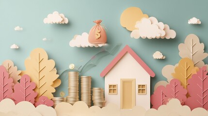 Paper cut-style house with floating icons of mortgage, money bag, and growth chart above the roof — clean business home finance scene, pastel backgroun