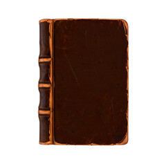 Vintage book with worn leather cover and ornate spine detail, Antique leather-bound book with decorative spine and weathered cover on black background