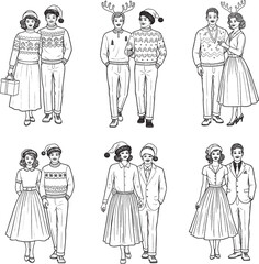 A set of six monochrome, chalk-style illustrations depicting happy couples dressed in festive Christmas and winter holiday attire, including Santa hats
