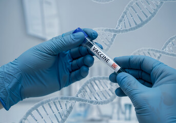Scientist holding Vaccine test tube in Biotechnology Lab, DNA Research, mRNA Innovation, Genetic Engineering, Virus Prevention, Medical Science, Clinical Trial, COVID Vaccine Testing concept