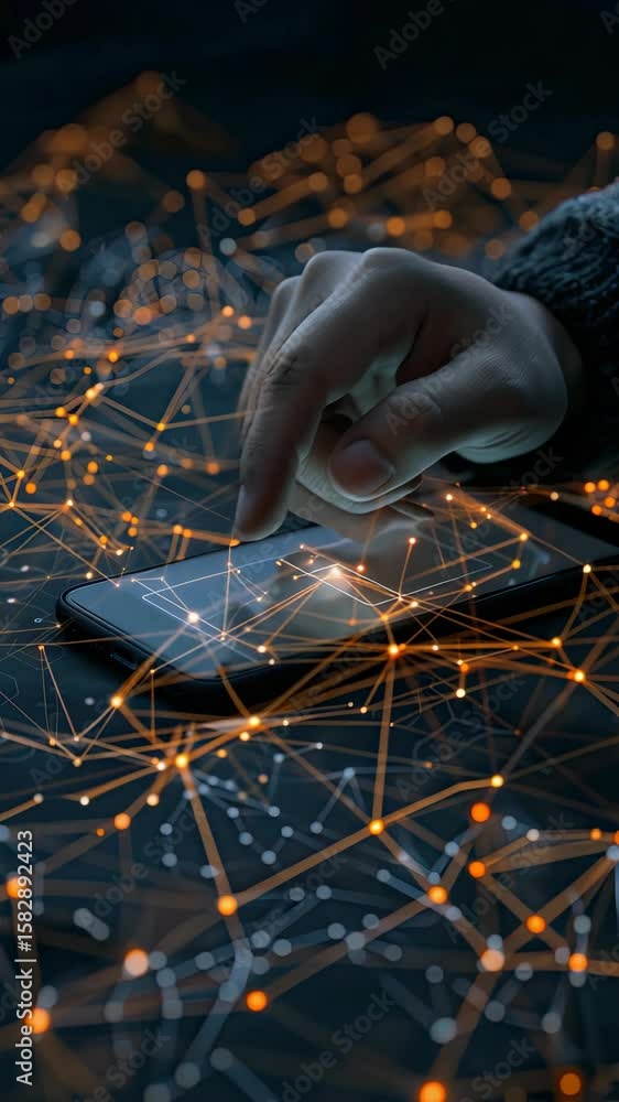Poster exploring the intricate connections of technology as a hand interacts with a smartphone, illuminated