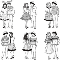 A set of six monochrome, chalk-style illustrations depicting happy couples in various poses, dressed in festive Christmas and winter holiday attire
