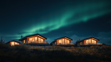 Rural Houses at Night with Glowing Windows