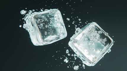Two square ice cubes floating in the air