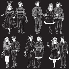 A set of six monochrome, chalk-style illustrations depicting various happy couples dressed in elegant Christmas and winter holiday attire, including Santa hats, reindeer antlers, festive sweaters, and
