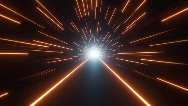 Abstract light tunnel with dynamic orange beams moving forward  