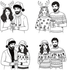 A set of four monochrome, chalk-style illustrations depicting happy couples exchanging or holding Christmas gifts