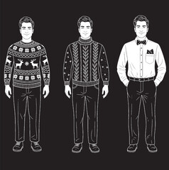 A set of four monochrome, chalk-style illustrations depicting adult male figures in various festive Christmas attire