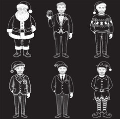 A set of six monochrome, chalk-style illustrations depicting various male characters in festive Christmas and holiday attire, including Santa Claus, elves, and men in formal wear or "ugly" sweaters
