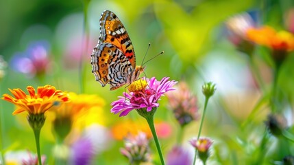 Obraz premium A butterfly sitting on a colorful flower in a meadow. stock photo --ar 16:9 --raw --v 6 Job ID: a3d832c7-492f-453d-a393-b43fdd8385b5