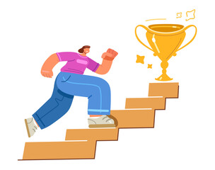 Run up ladder of success to award. Business career, purposefulness, desire for reward, achieve goal or growth
