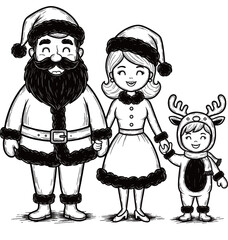 A set of two monochrome, chalk-style illustrations depicting happy families in festive Christmas attire, including Santa Claus, Mrs. Claus, and parents with children in reindeer costumes or holiday sw