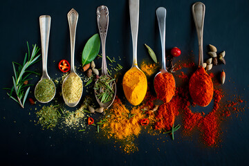 A vibrant array of spices displayed on antique spoons against a dark backdrop 