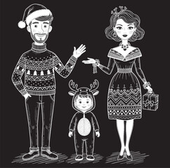 A monochrome, chalk-style illustration of a stylish family of three - a father in a Santa hat and Christmas sweater, a glamorous mother with reindeer antlers and a gift, and a child in a reindeer ones