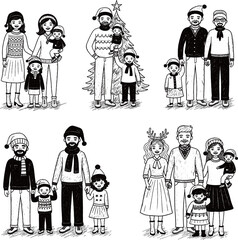 A collection of seven monochrome, chalk-style illustrations featuring diverse happy families, including parents, children, and babies, dressed in festive Christmas and winter-themed attire like Santa 