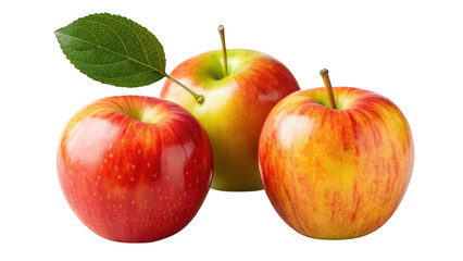 Three fresh red and yellow apples with a green leaf isolated on transparent background