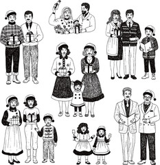 A collection of nine monochrome, chalk-style illustrations depicting diverse individuals and families celebrating Christmas, holding gifts, reading, and enjoying festive moments.