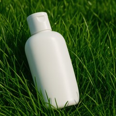 White Cosmetic Bottle Resting on Lush Green Grass Field