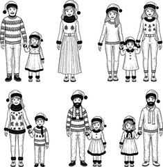 A set of six monochrome, chalk-style illustrations depicting diverse happy families and individuals, including parents and children, wearing festive Christmas sweaters, Santa hats, and winter clothing