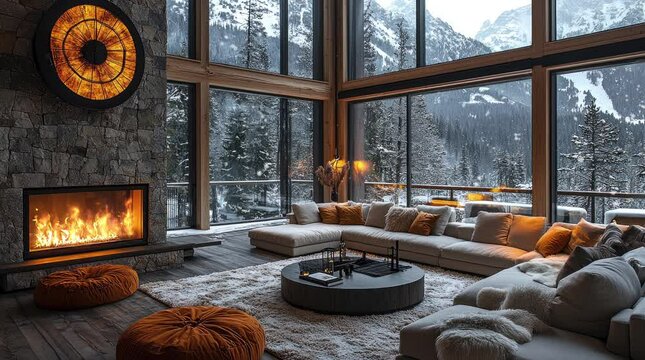 Cozy winter living room with a fireplace and mountain views. Seamless looping 4k video background 
