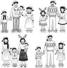 A set of six monochrome, chalk-style illustrations depicting diverse happy families, including parents and children of various ages, wearing festive Christmas and winter-themed attire like Santa hats 