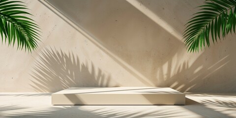 Minimalist stone podium platform with palm leaves aside background for promotional products. Empty studio scene with expressive shadows and warm sunlight for product advertising. 