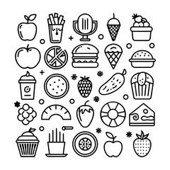 Food icons set featuring vector illustrations of coffee, cake, cupcake, donut, pizza, and other sweet bakery desserts, drinks, and breakfast items
