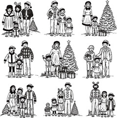 A collection of nine monochrome, chalk-style illustrations featuring diverse families celebrating Christmas, often depicted with Santa hats, winter attire, Christmas trees, and gifts.