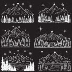 A collection of six monochrome, chalk-style illustrations depicting various winter mountain landscapes with pine forests, stars, and snowflakes, some featuring lakes.