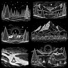 A collection of six monochrome (chalkboard style) winter and Christmas-themed illustrations featuring snowy landscapes, pine trees, cabins, mountains, and festive decorations.