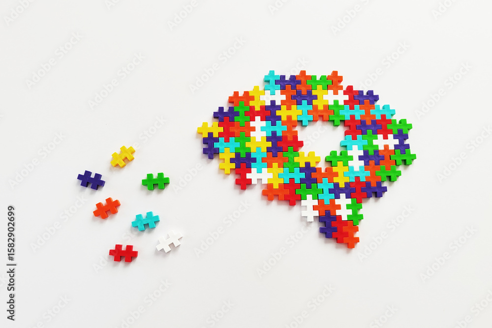 Poster brain shaped colorful jigsaw puzzle on white background. a missing pieces of the brain puzzle. menta