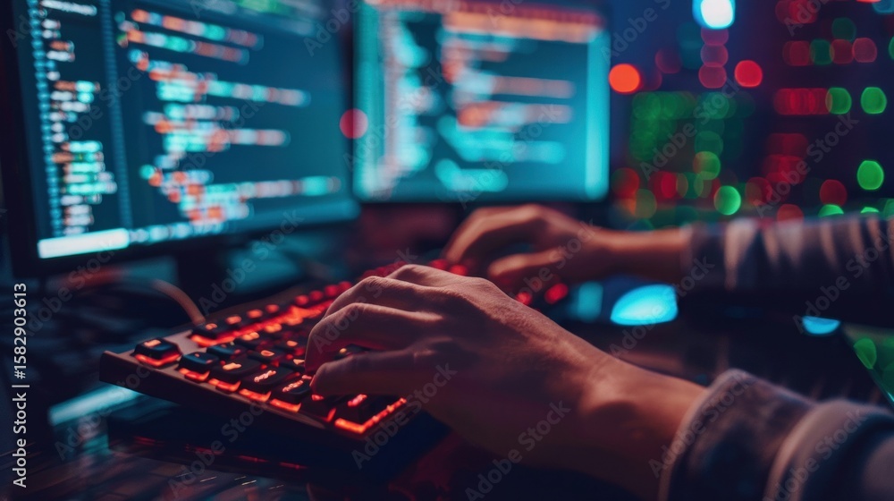 Poster hands on keyboard coding on a dark screen stock photo --ar 16:9 --raw --v 6 job id: 291a4992-059d-42