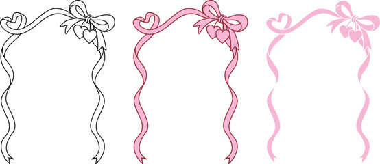 Hand drawn bow ribbon square frame with editable stroke thickness for wedding, valentines card and so on. Vector illustration.	
