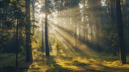 Obraz premium Peaceful forest with sun rays filtering through trees stock photo --ar 16:9 --raw --v 6 Job ID: aa318b94-9006-4e01-9352-4512cc9f9c0a